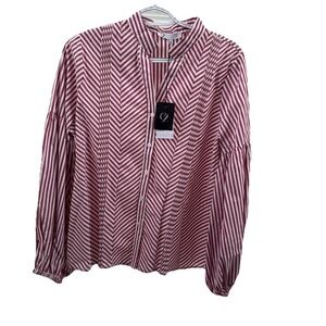 White & Burgundy Striped  Blouse S Collection By Cezele Cotton New C2-10